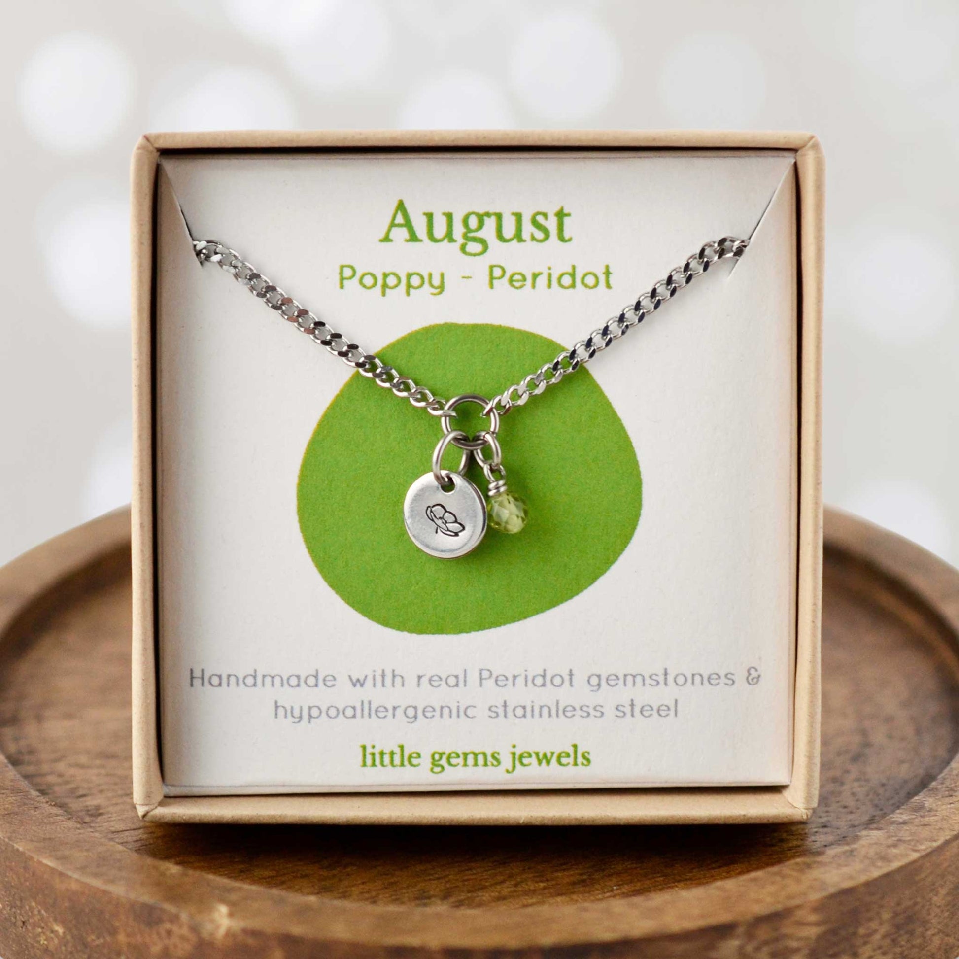 August Poppy Birthflower & Peridot gemstone dainty charm necklace in eco-friendly gift box