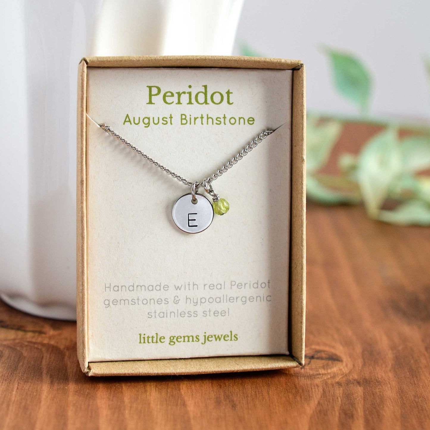 Peridot August birthstone and initial pendant necklace in gift box