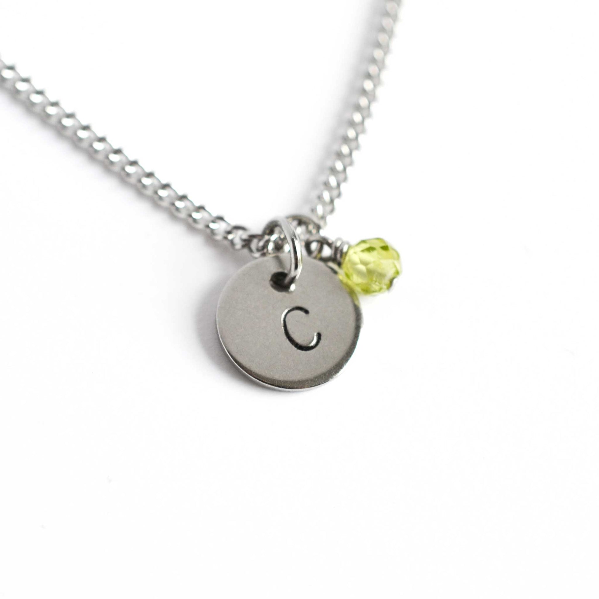 Letter C initial pendant necklace with Peridot August birthstone charm