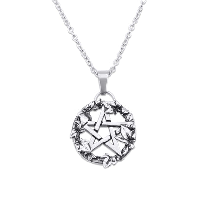Steel necklace with a circular pendant on a white background