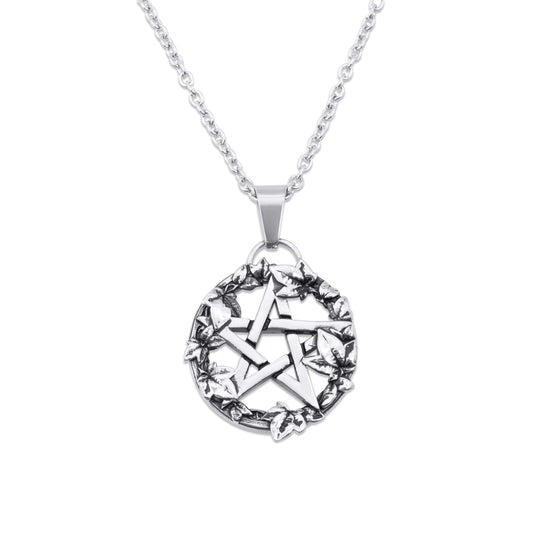 Steel necklace with a circular pendant on a white background
