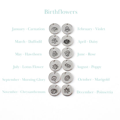 Handstamped birthflower charms for every birth month.