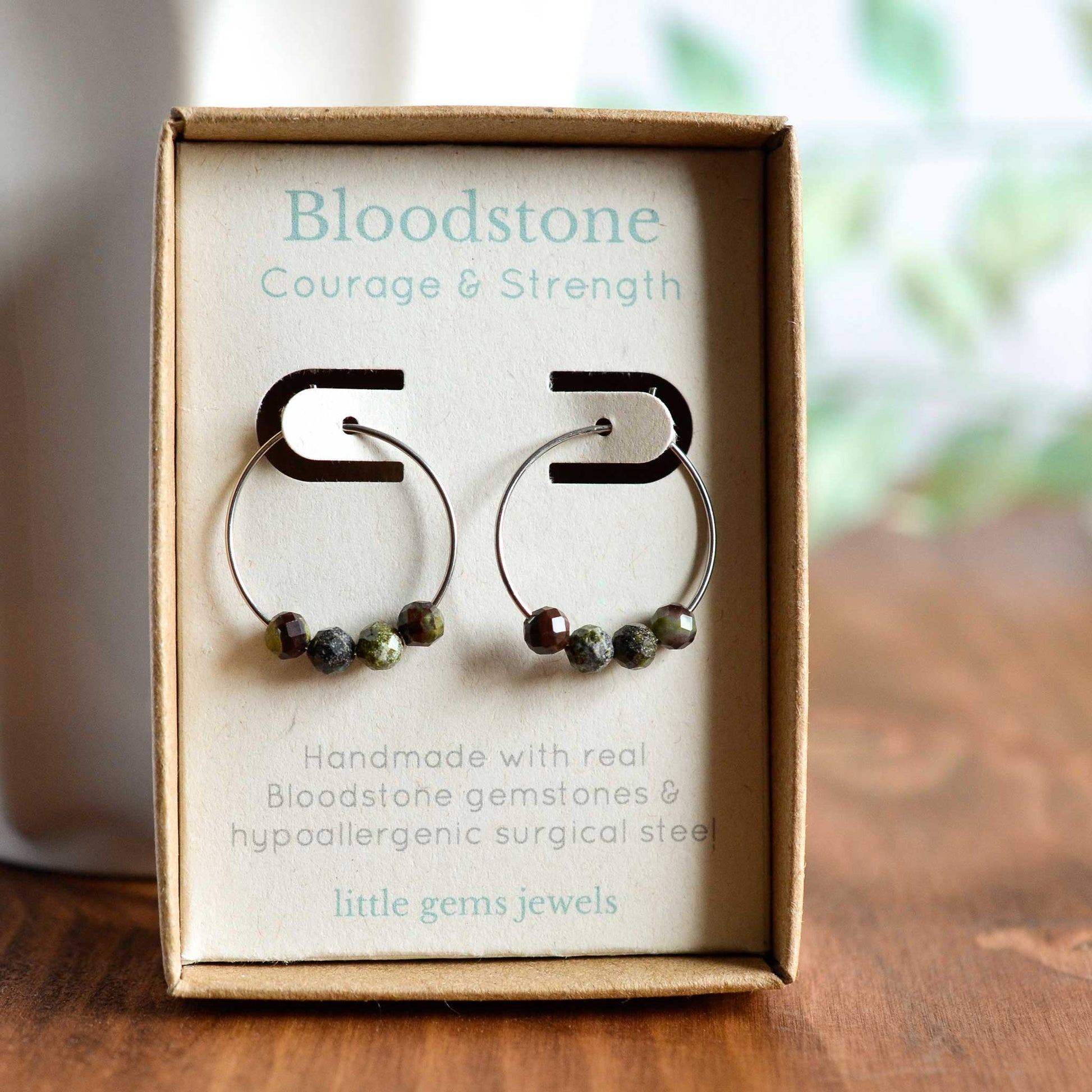 Bloodstone hoop earrings in eco friendly gift box
