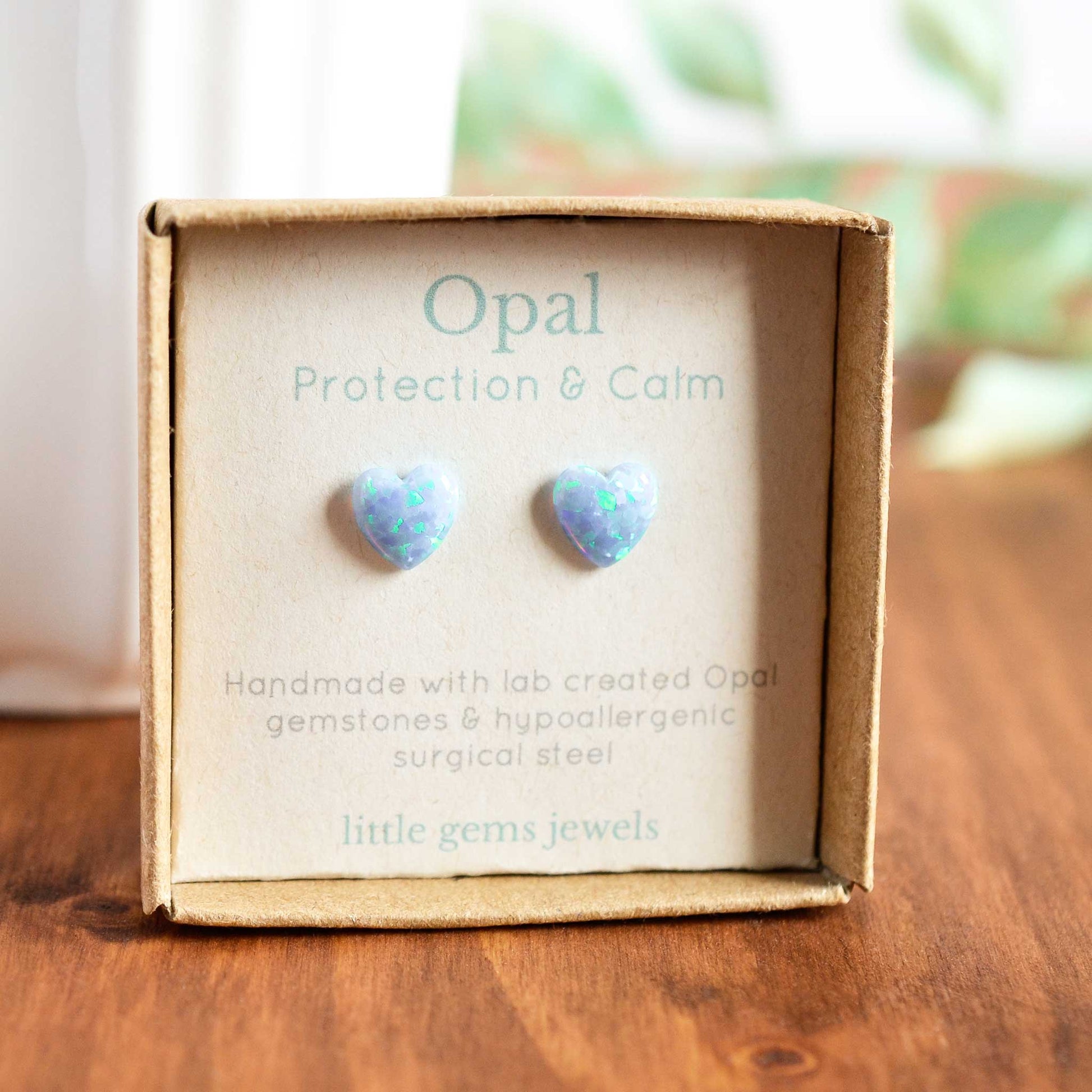 Blue lab created Opal heart stud earrings in gift box