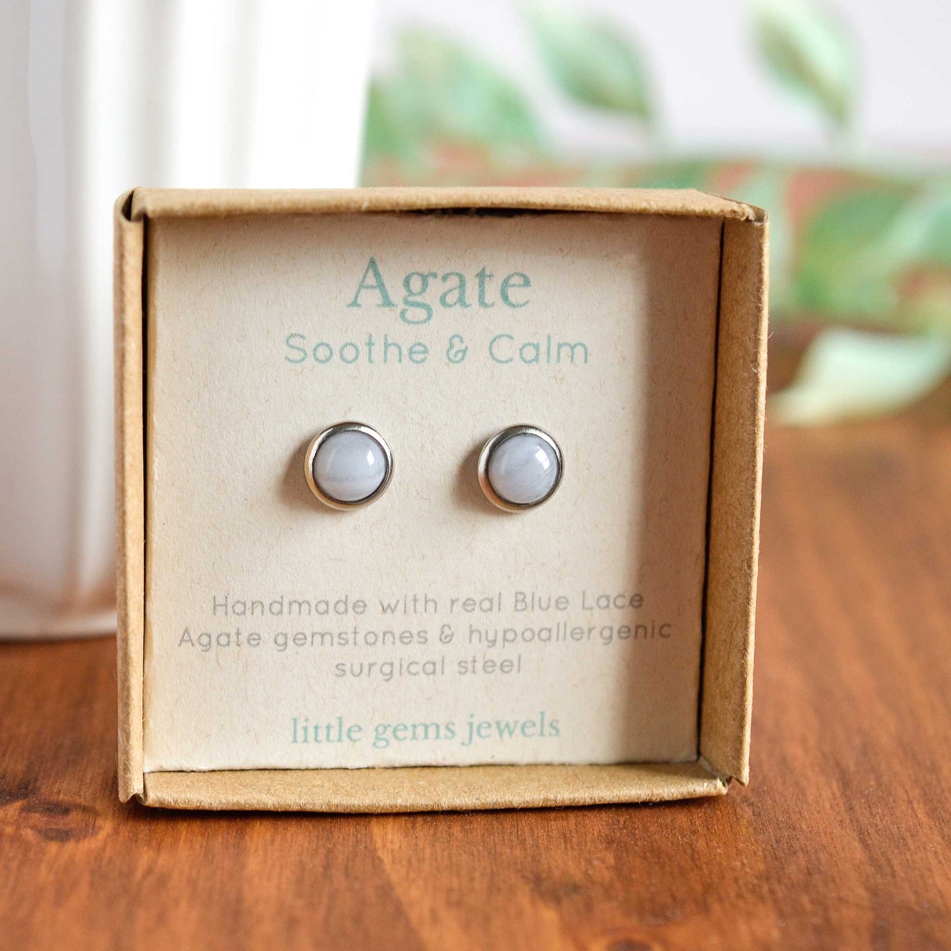 Blue Lace Agate gemstone stud earrings in gift box