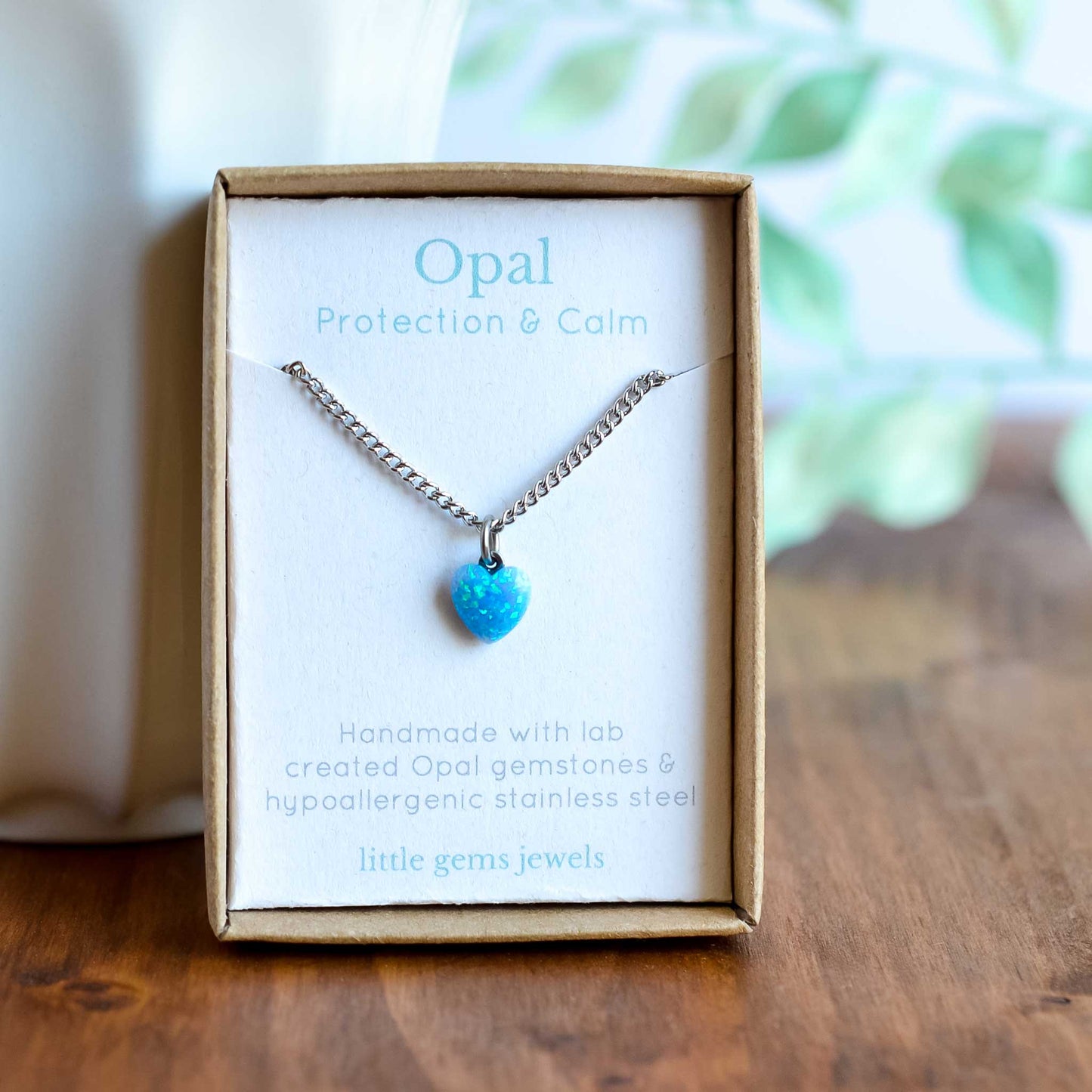 Blue Opal heart pendant necklace in gift box