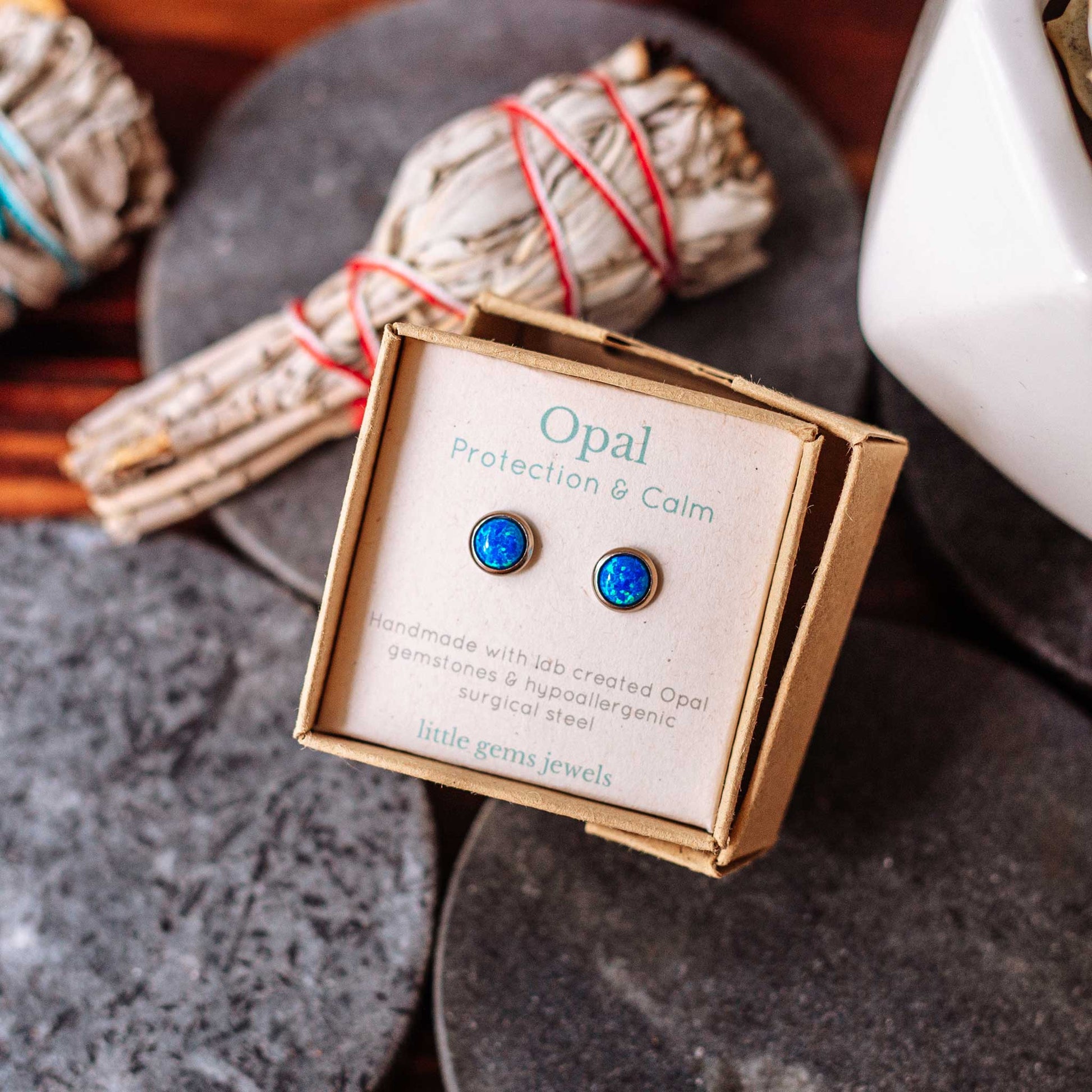 Blue lab created Opal gemstone stud earrings in gift box