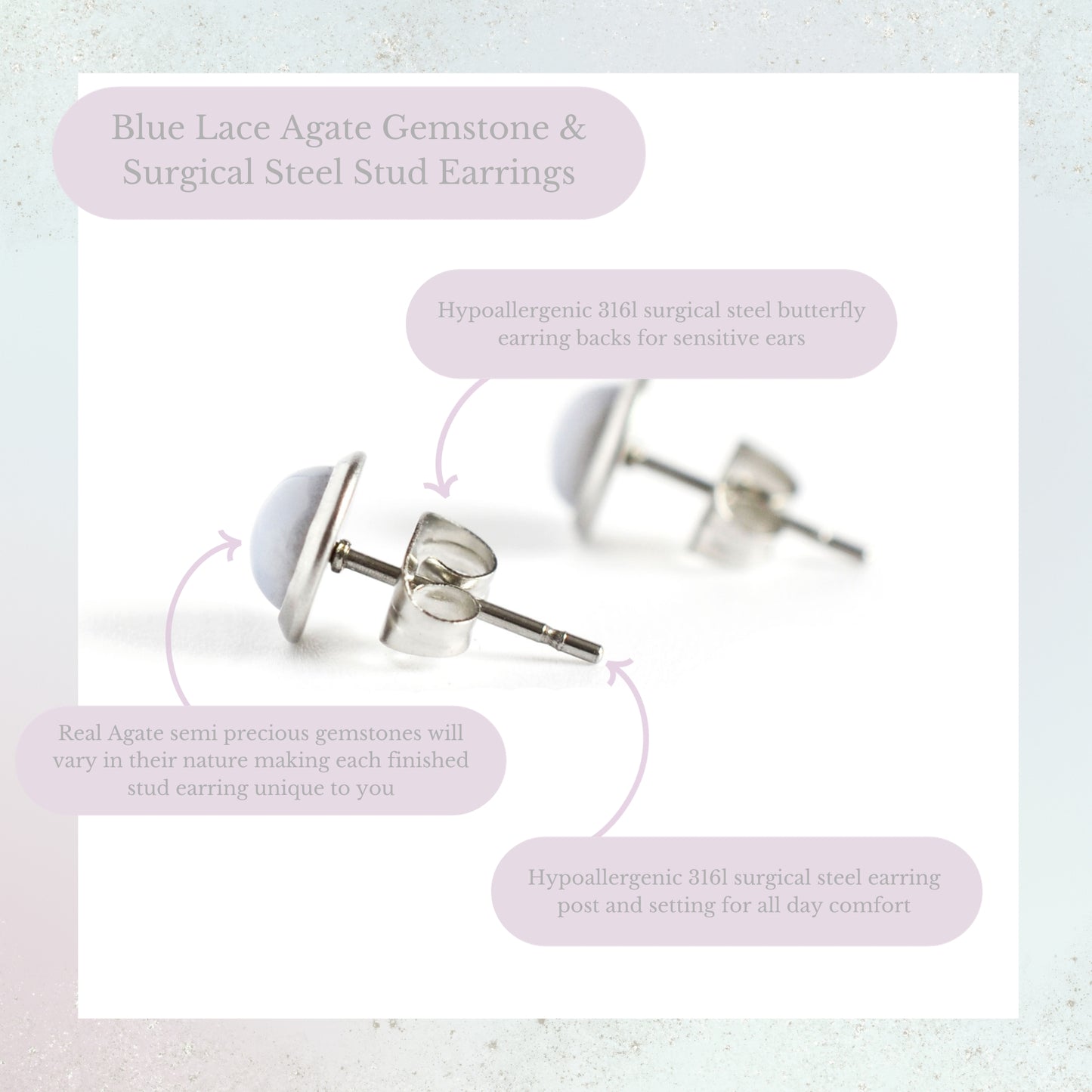 Blue Lace Agate Gemstone & Surgical Steel Stud Earrings Product Information Graphic
