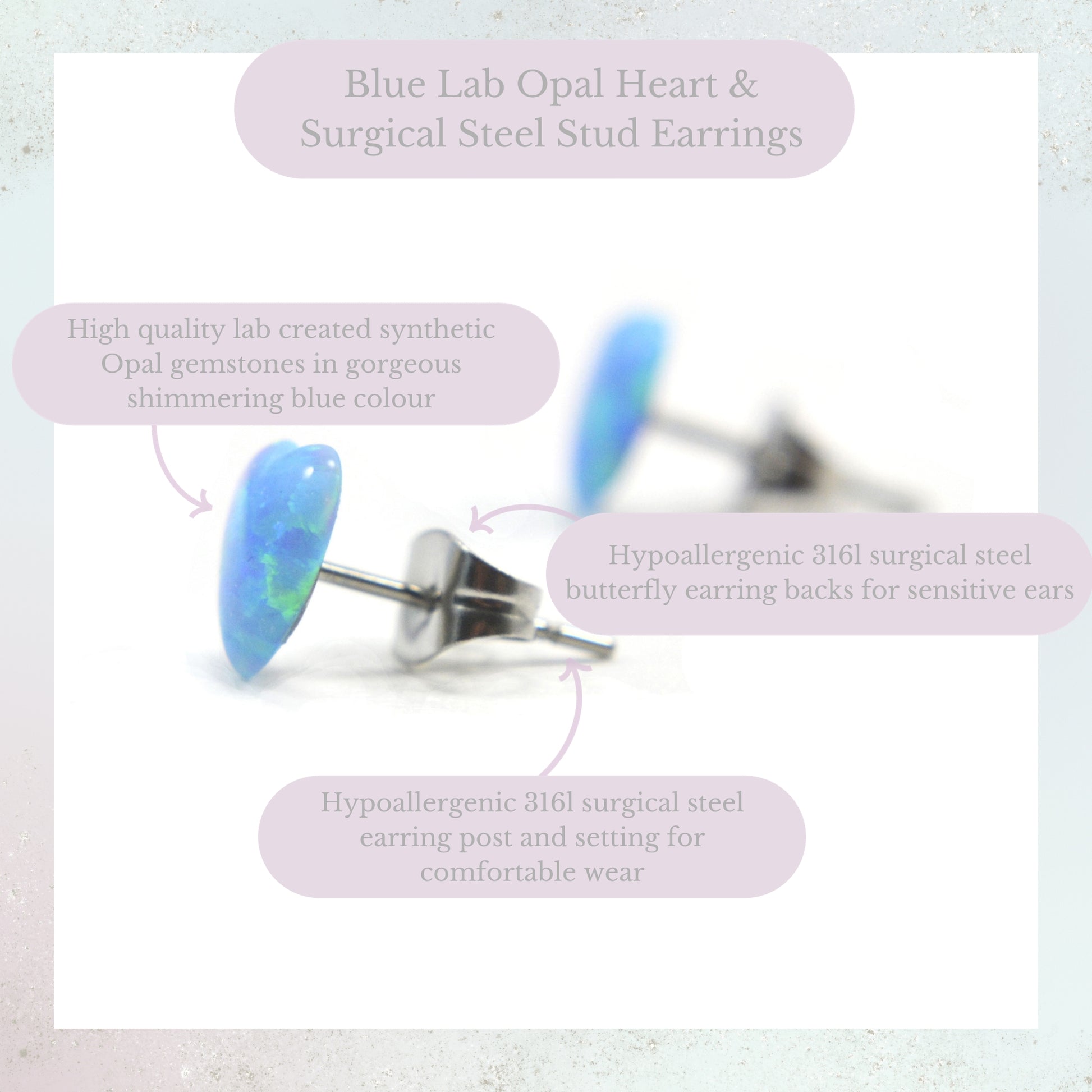 Blue Lab Created Opal Heart & Surgical Steel Stud Earrings Product Information Graphic