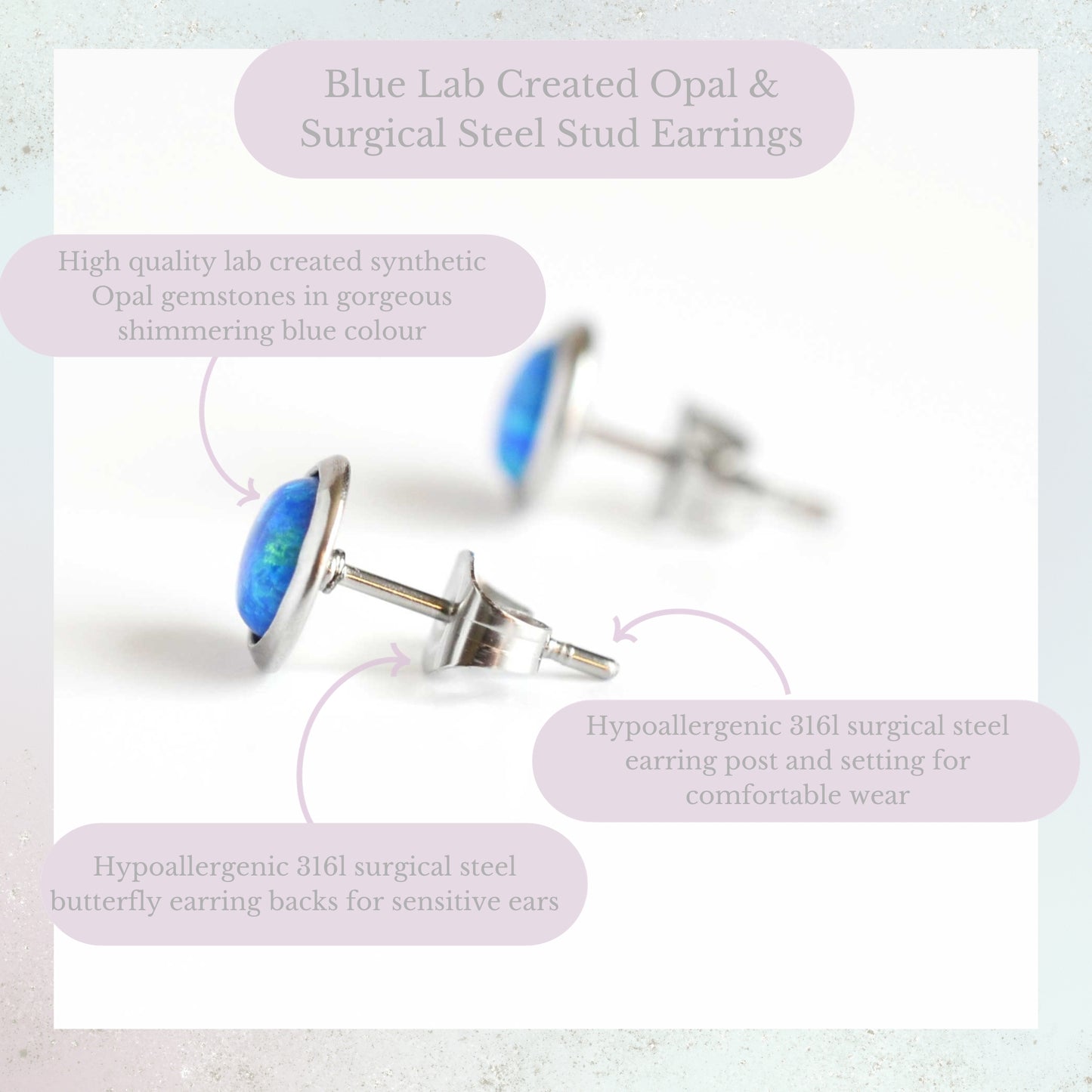 Blue Lab Created Opal & Surgical Steel Stud Earrings Product Information Graphic