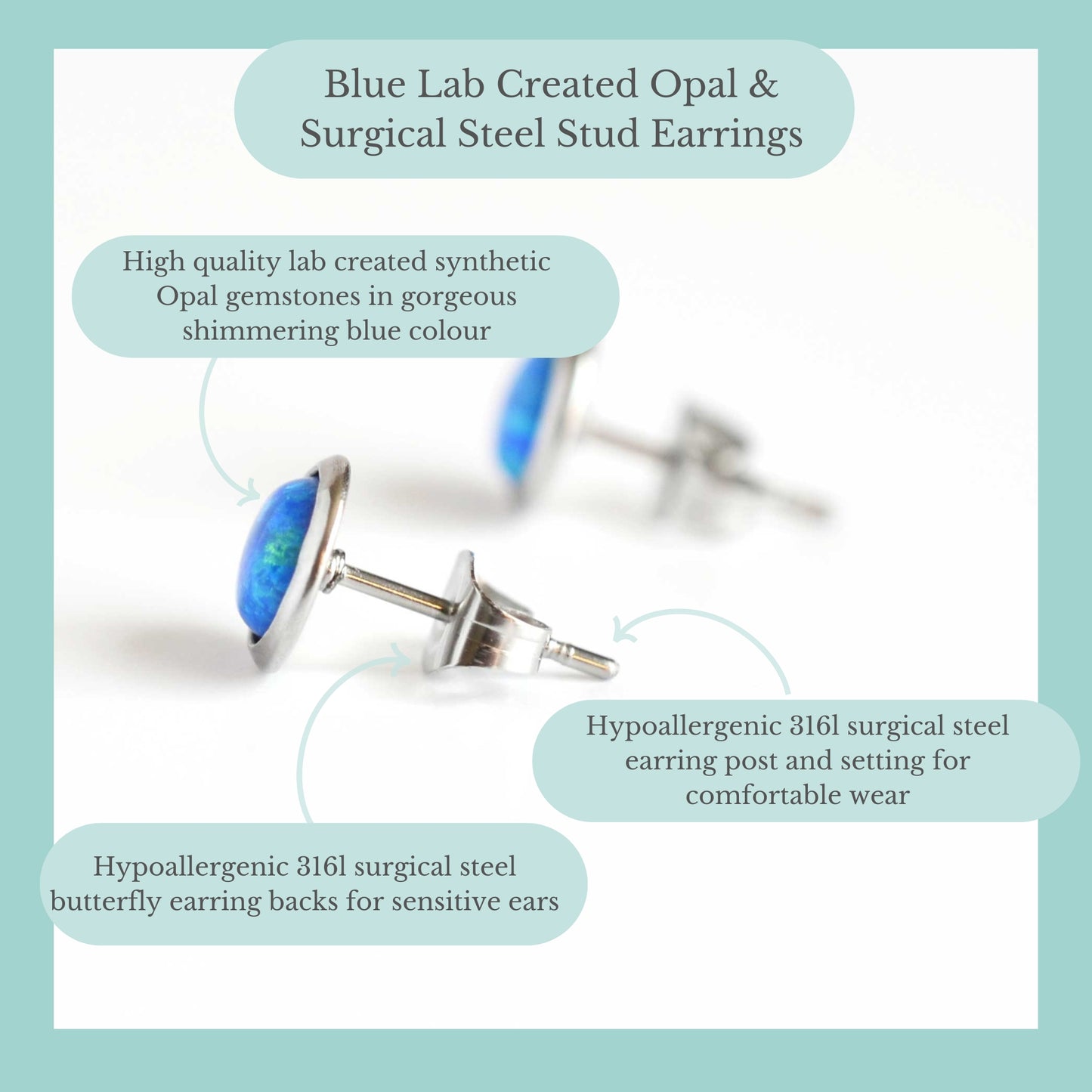 Blue Lab Created Opal & Surgical Steel Stud Earrings Product Information Graphic