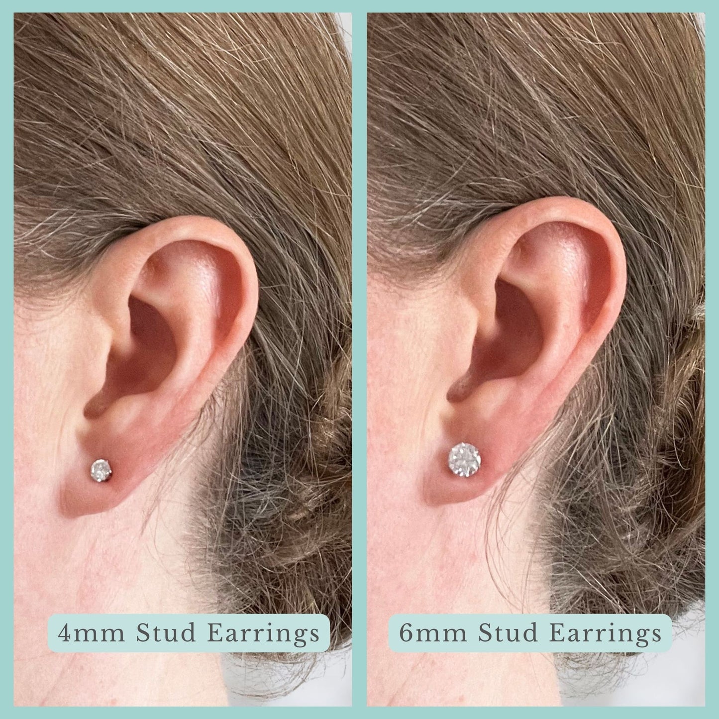 Graphic showing 4mm & 6mm CZ stud earring being worn