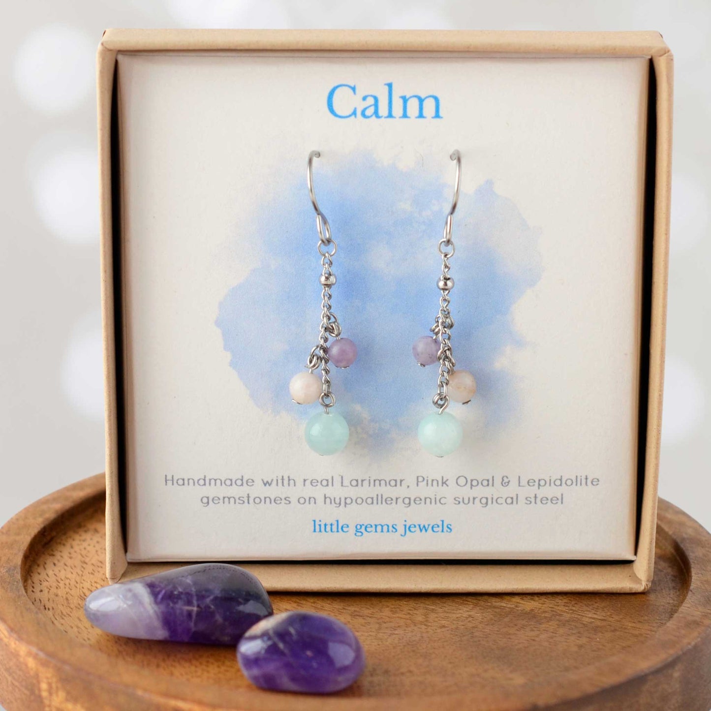 Gemstones for calm drop earrings inside eco friendly gift box