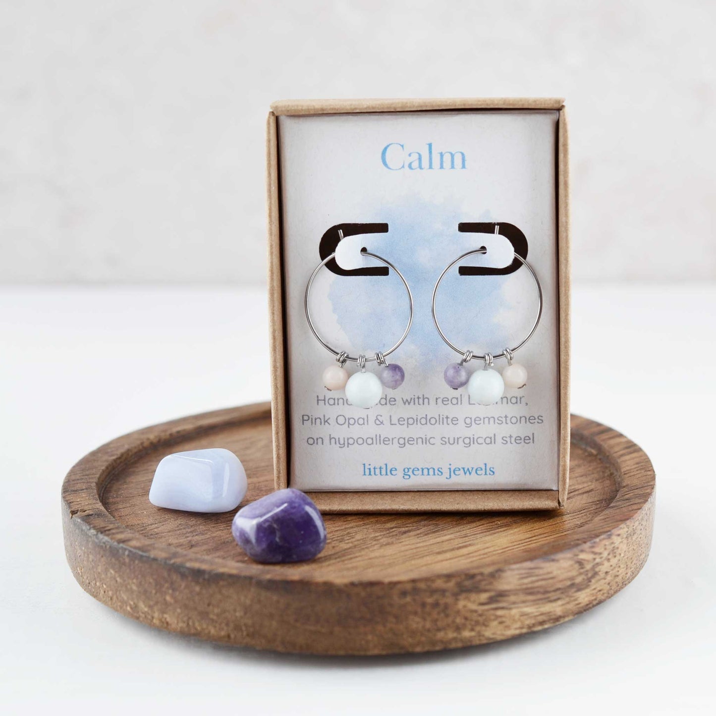 Gemstones for calm hoop earrings in eco friendly gift box