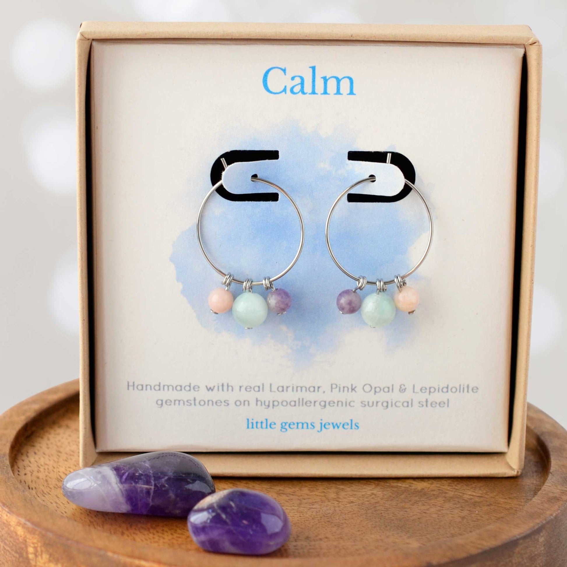 Gemstones for calm hoop earrings in eco friendly gift box