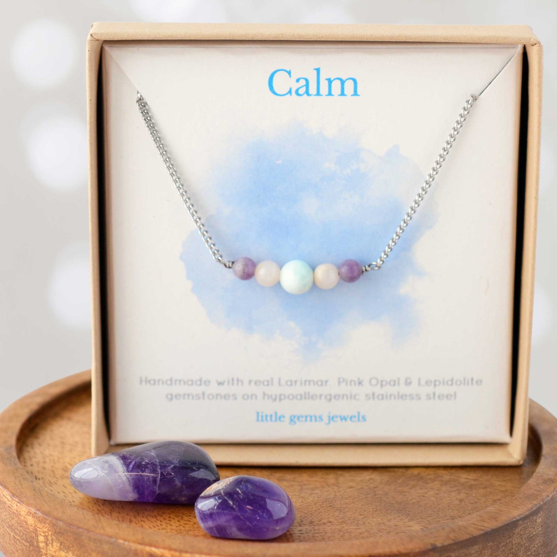 Gemstones for calm dainty necklace in eco friendly gift box