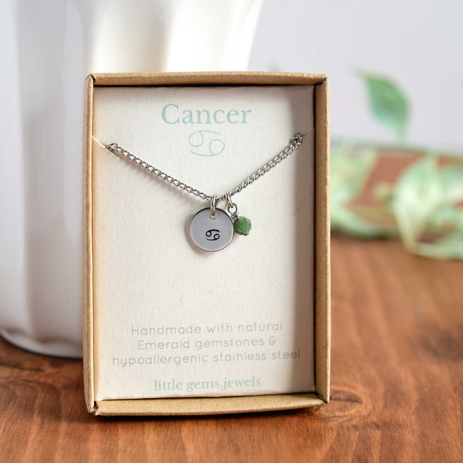 Cancer zodiac sign and stone necklace in eco-friendly gift box