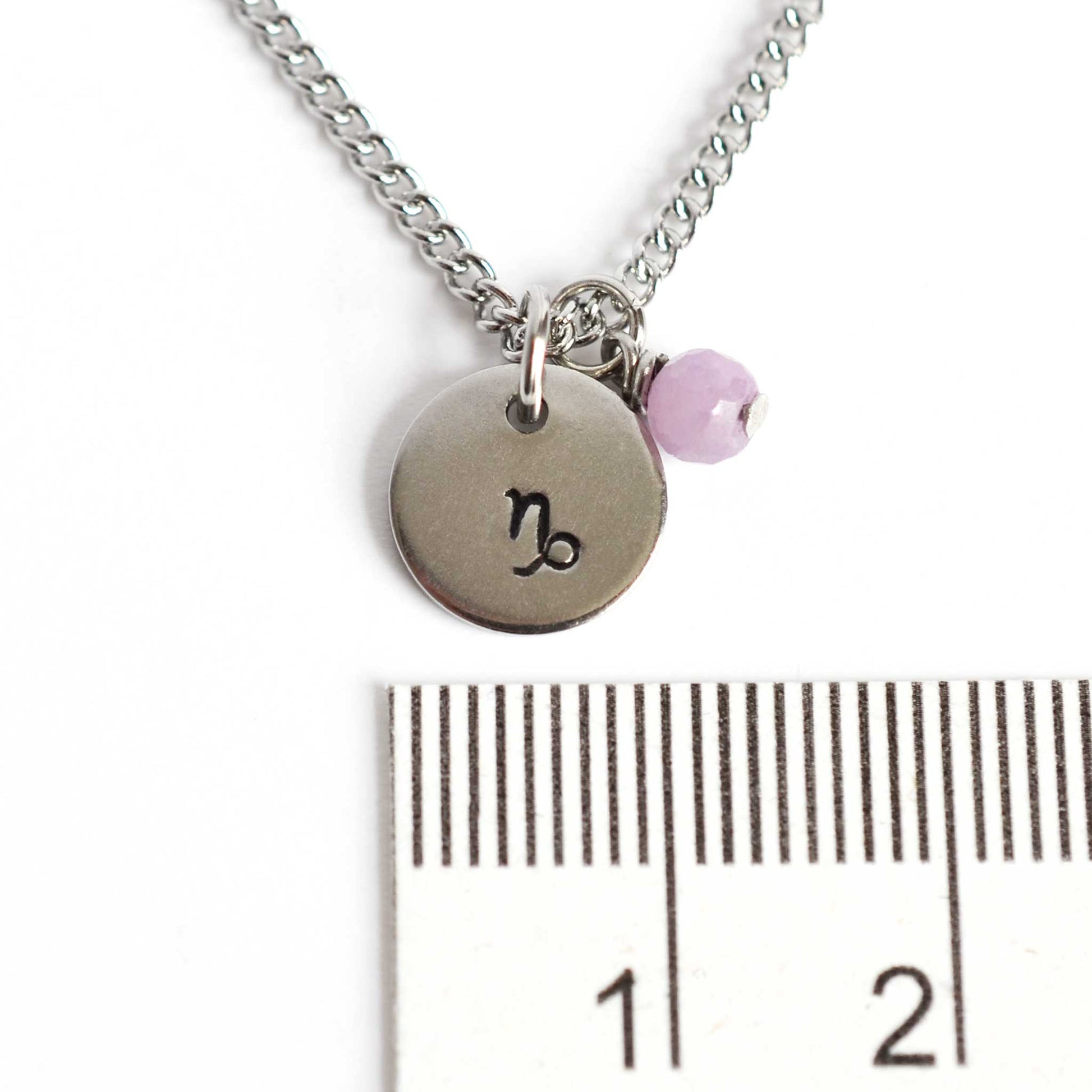 1cm diameter disc pendant with hand stamped Capricorn zodiac sign and 4mm Ruby gemstone charm