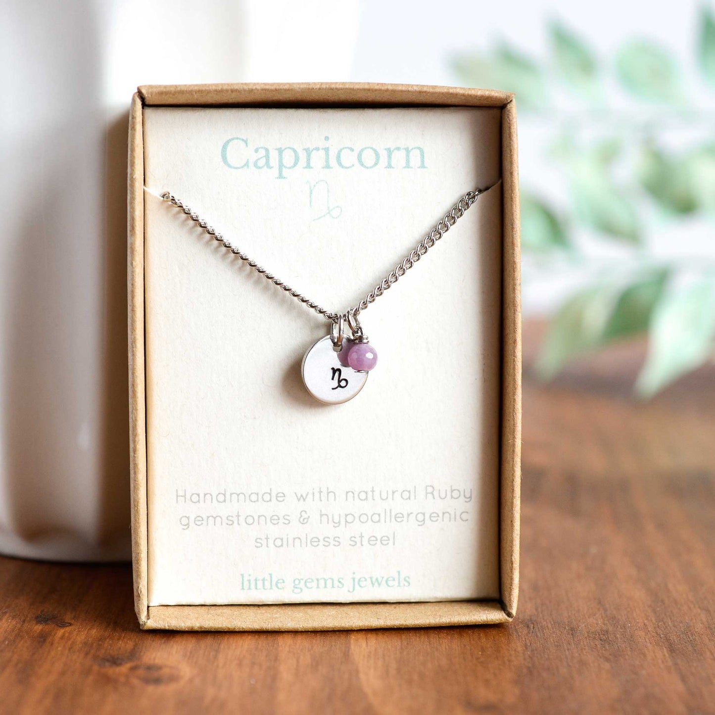 Capricorn zodiac sign and stone necklace in eco-friendly gift box