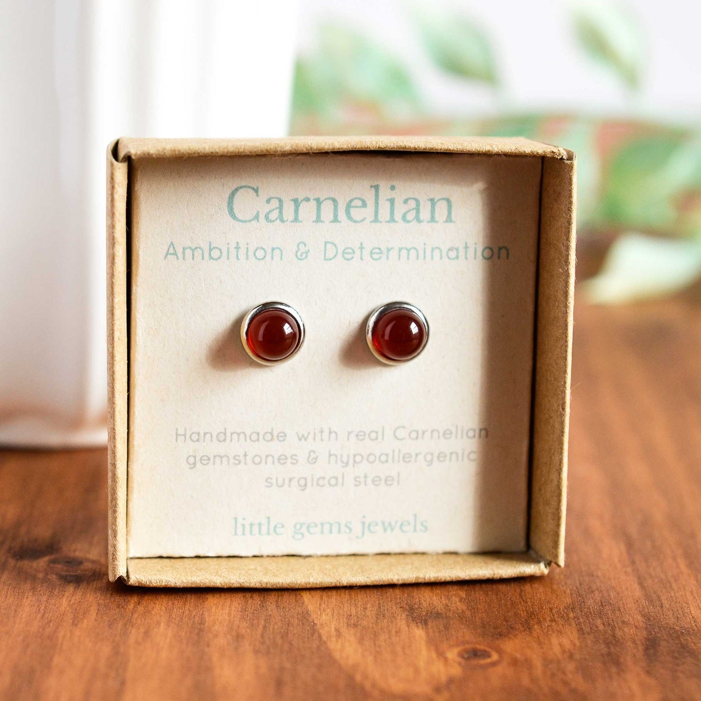 Carnelian gemstone stud earrings in gift box