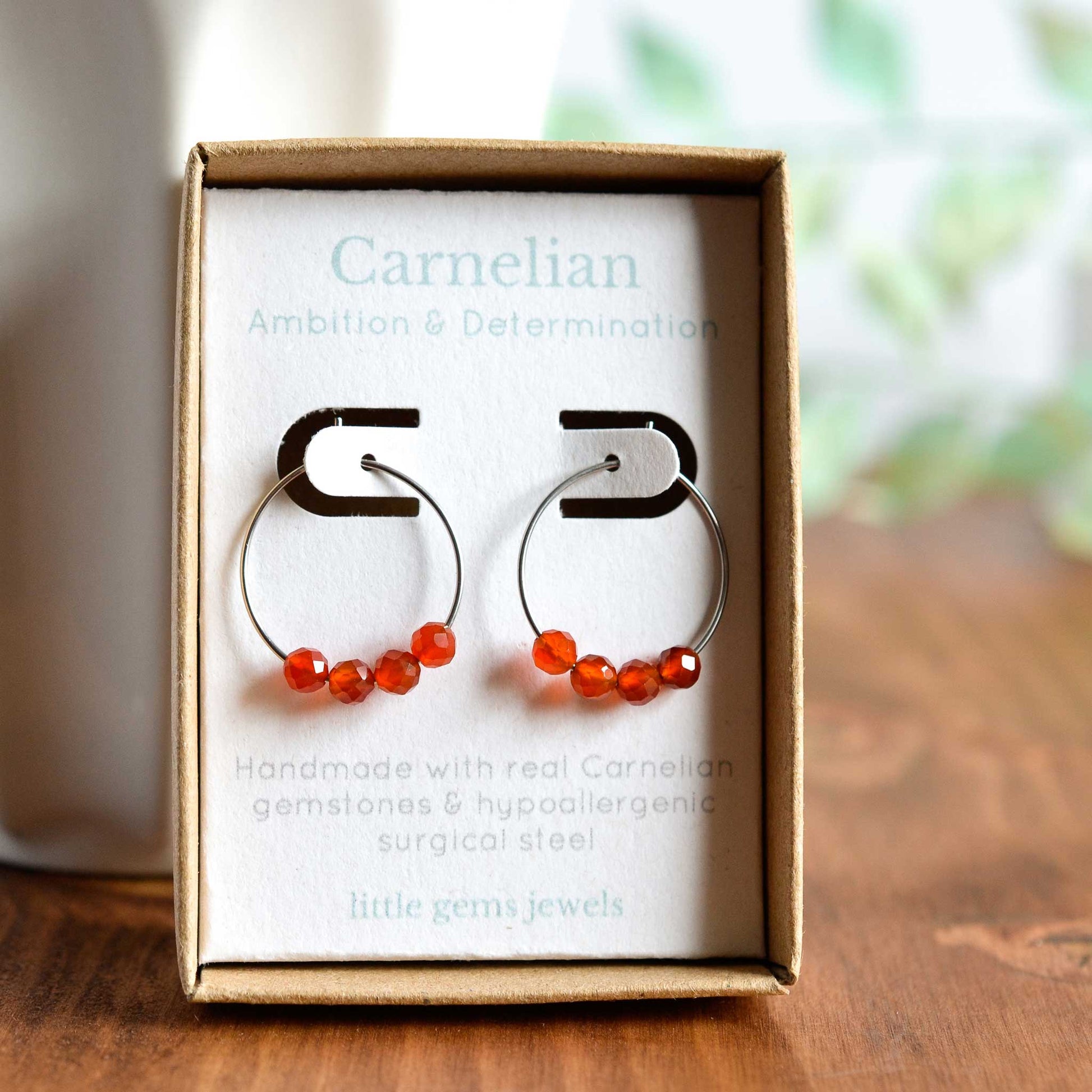 Carnelian gemstone hoop earrings in gift box