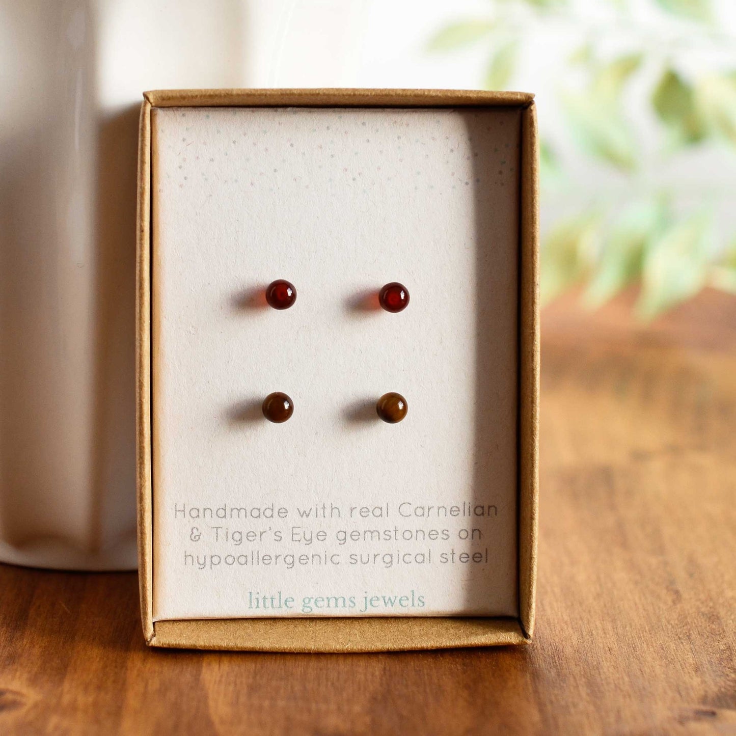 Carnelian & Tigers Eye gemstone stud earrings in eco friendly gift box