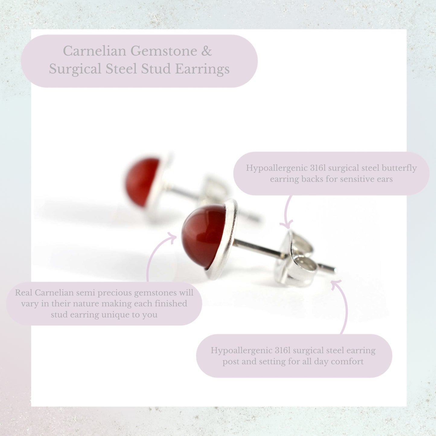 Carnelian Gemstone & Surgical Steel Stud Earrings Product Information Graphic
