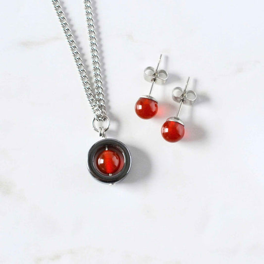 Carnelian Fidget Spinner Necklace & Stud Earrings Gift Set