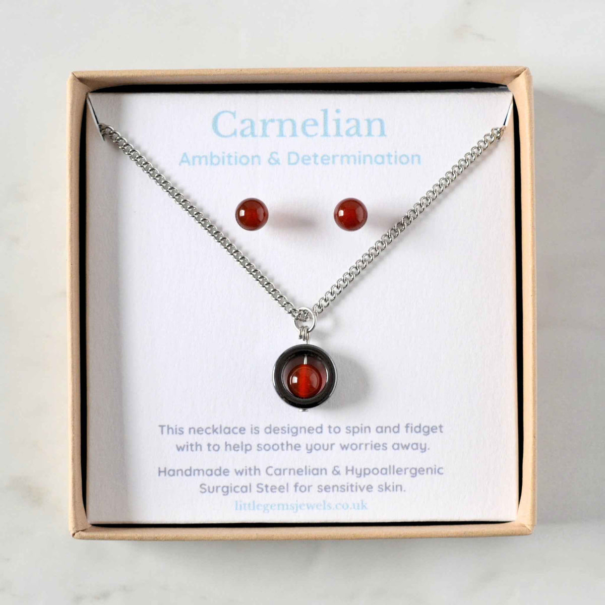 Carnelian Fidget Spinner Necklace & Stud Earrings Gift Set