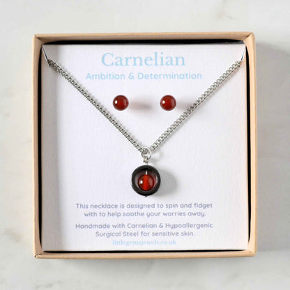 Carnelian Fidget Spinner Necklace & Stud Earrings Gift Set