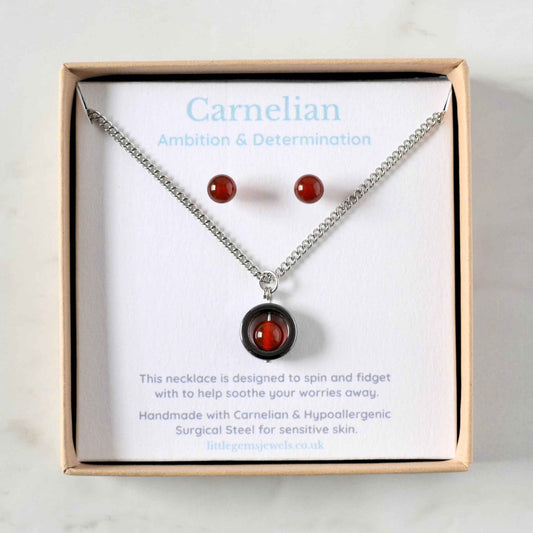 Carnelian Fidget Spinner Necklace & Stud Earrings Gift Set