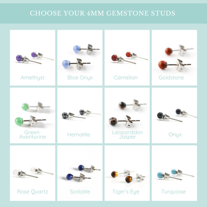 Choose your 4mm gemstone studs graphic, showing Amethyst, Blue Onyx, Carnelian, Goldstone, Green Aventurine, Hematite, Leopardskin Jasper, Onyx, Rose Quartz, Sodalite, Tiger's Eye & Turquoise.