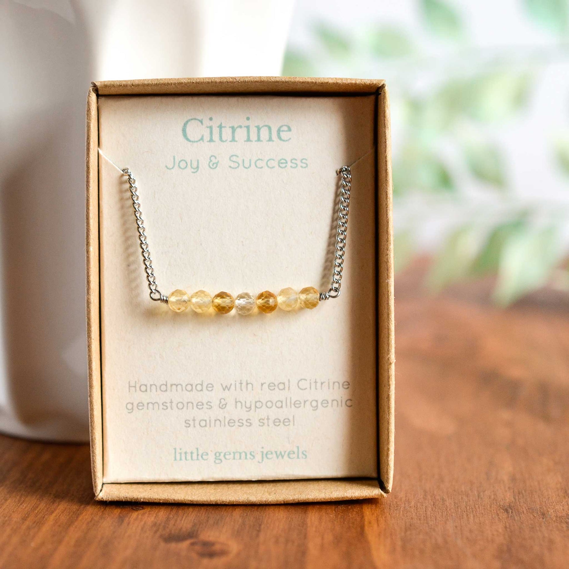 Dainty Citrine gemstone necklace in eco friendly gift box