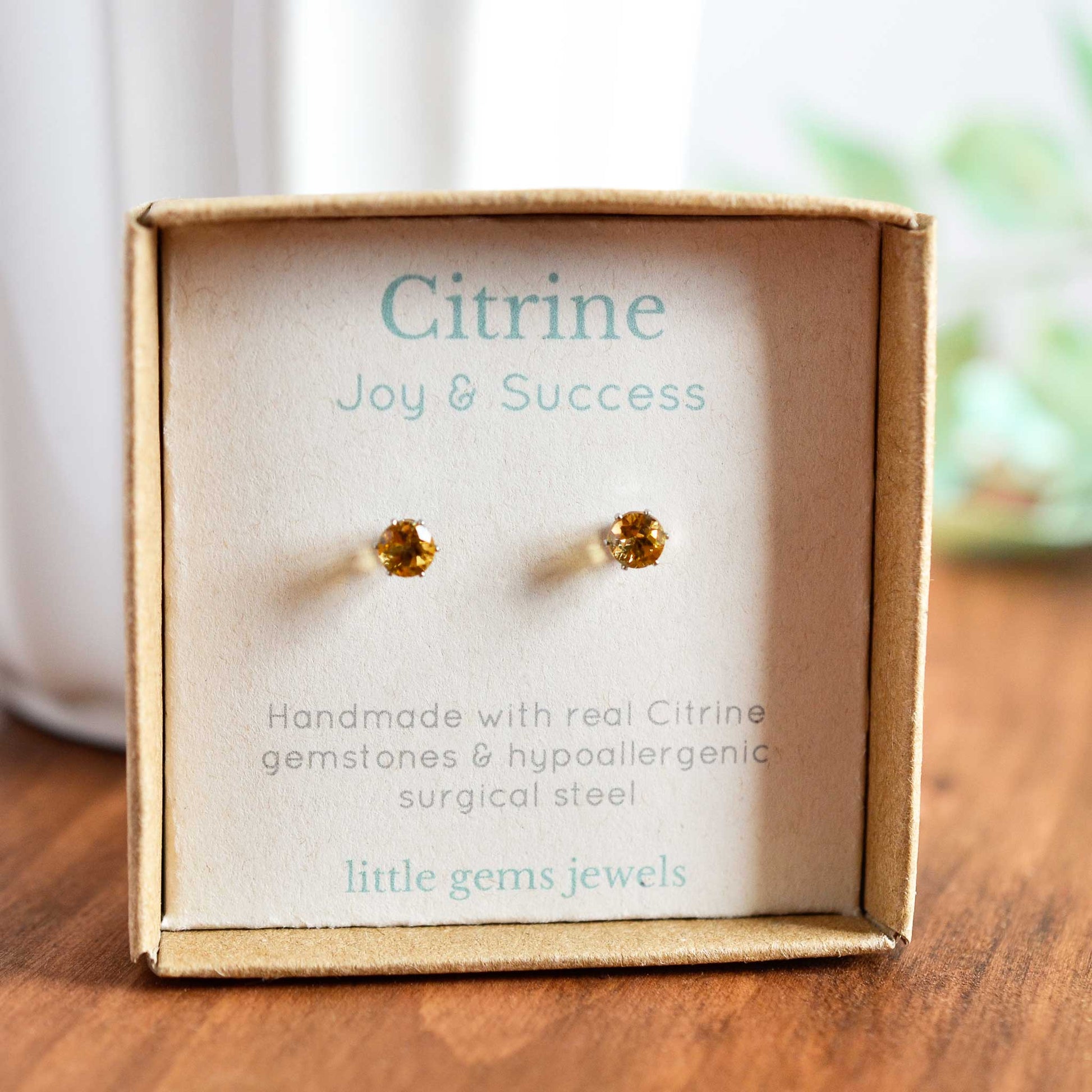 Tiny Citrine gemstone stud earrings in gift box