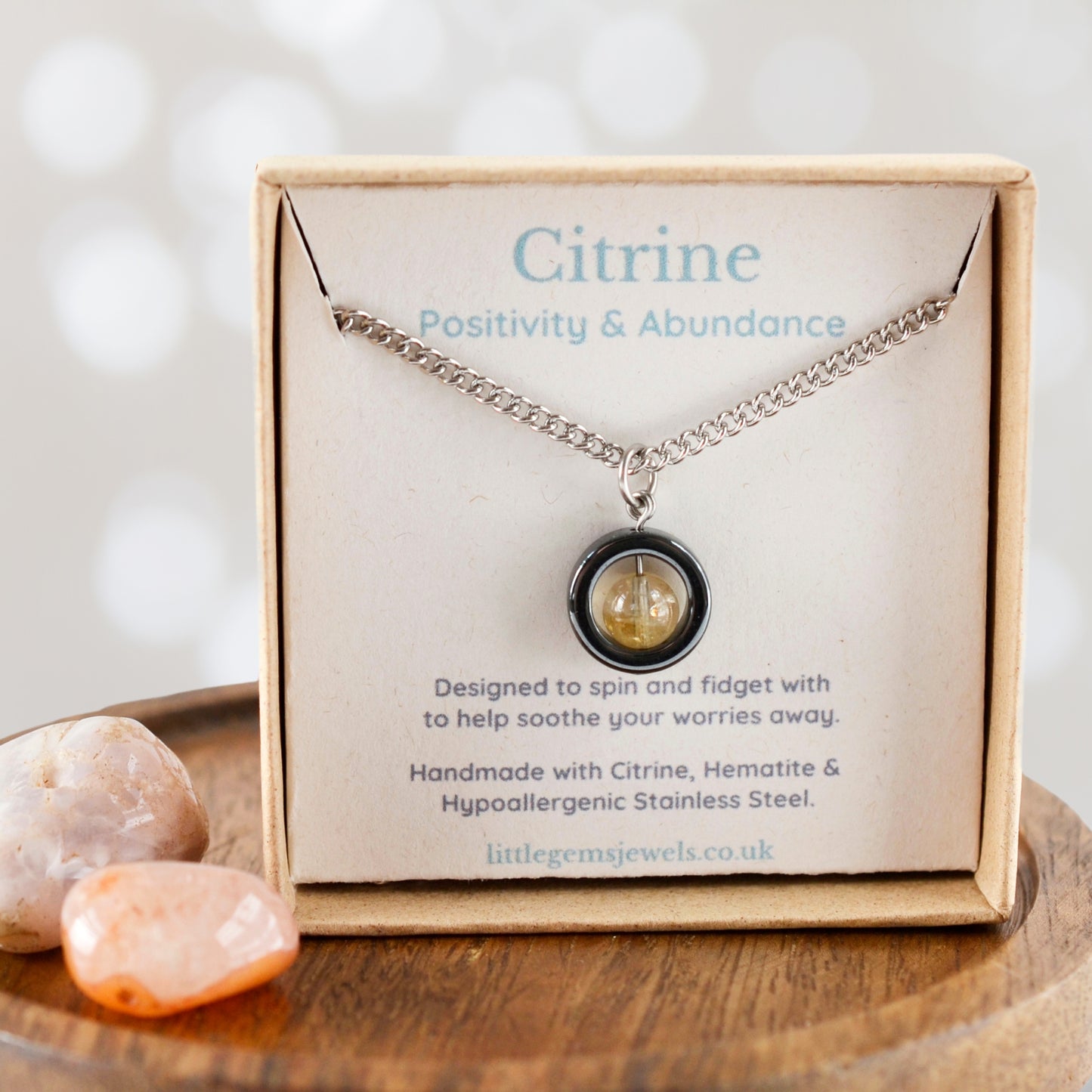 Citrine for positivity & abundance gemstone spinner necklace in eco friendly gift box.