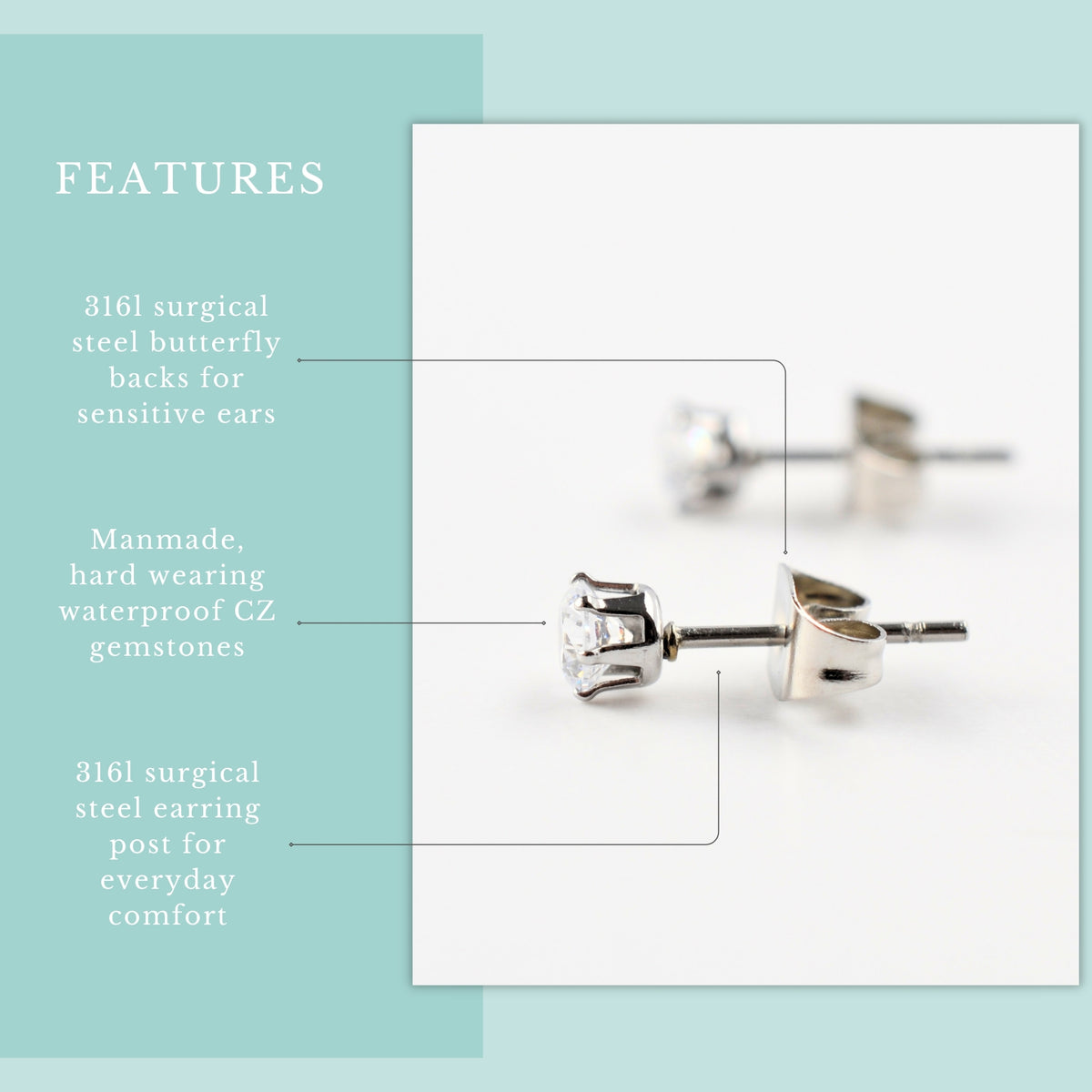 Clear CZ stud earrings with hypoallergenic surgical steel posts and butterfly backs.