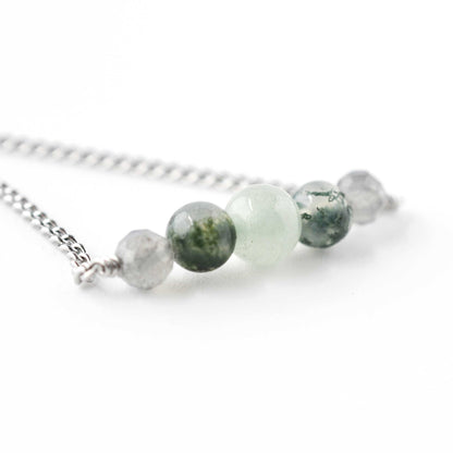 Close up of Labradorite, Moss Agate & Green Aventurine gemstones
