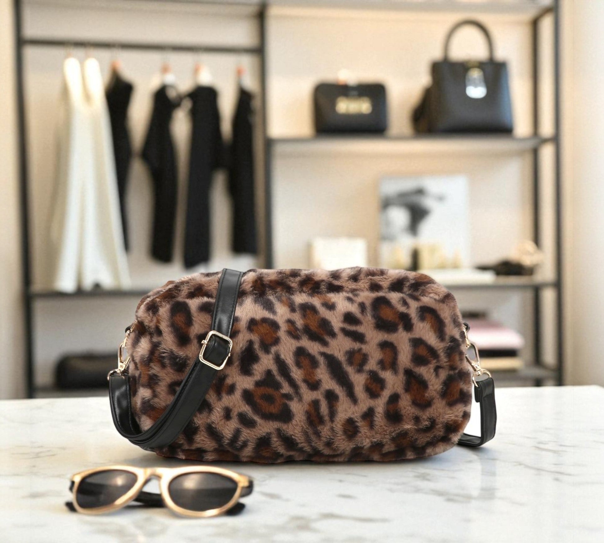Leopard print handbag on a marble surface with sunglasses, against a blurred background of clothing and bags.