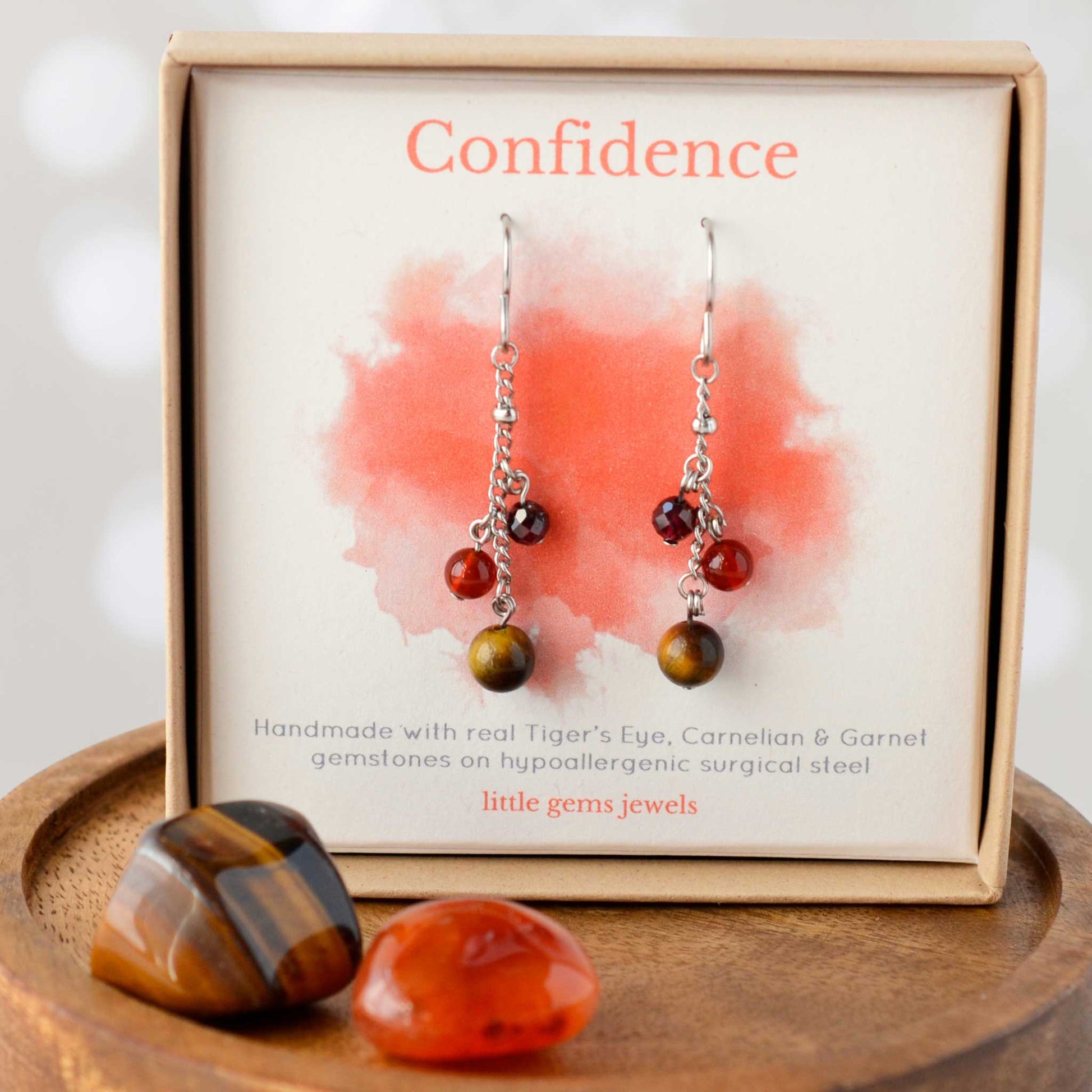 Gemstones for confidence drop earrings in eco friendly gift box