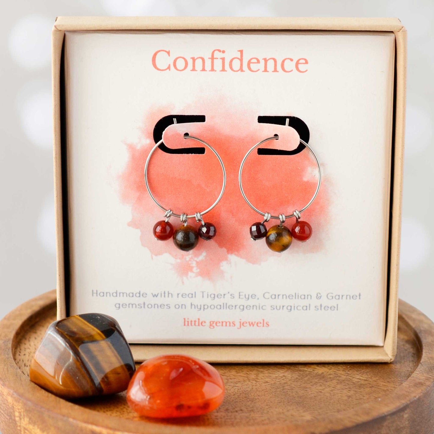 Gemstones for confidence hoop earrings in eco friendly gift box