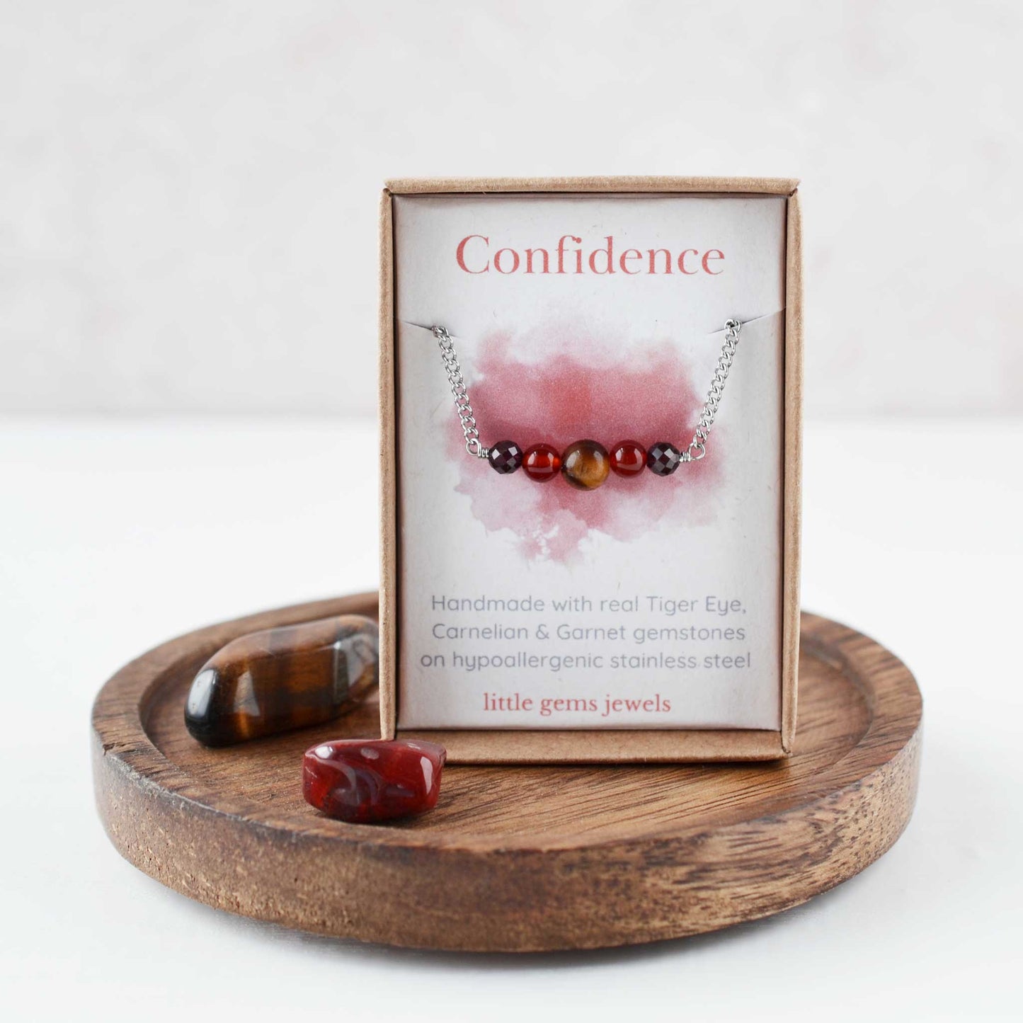 Gemstones for confidence necklace in eco friendly gift box