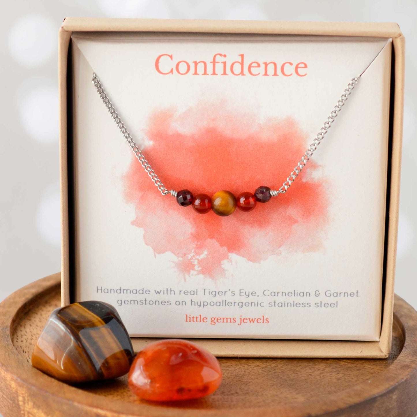 Gemstones for confidence necklace in eco friendly gift box