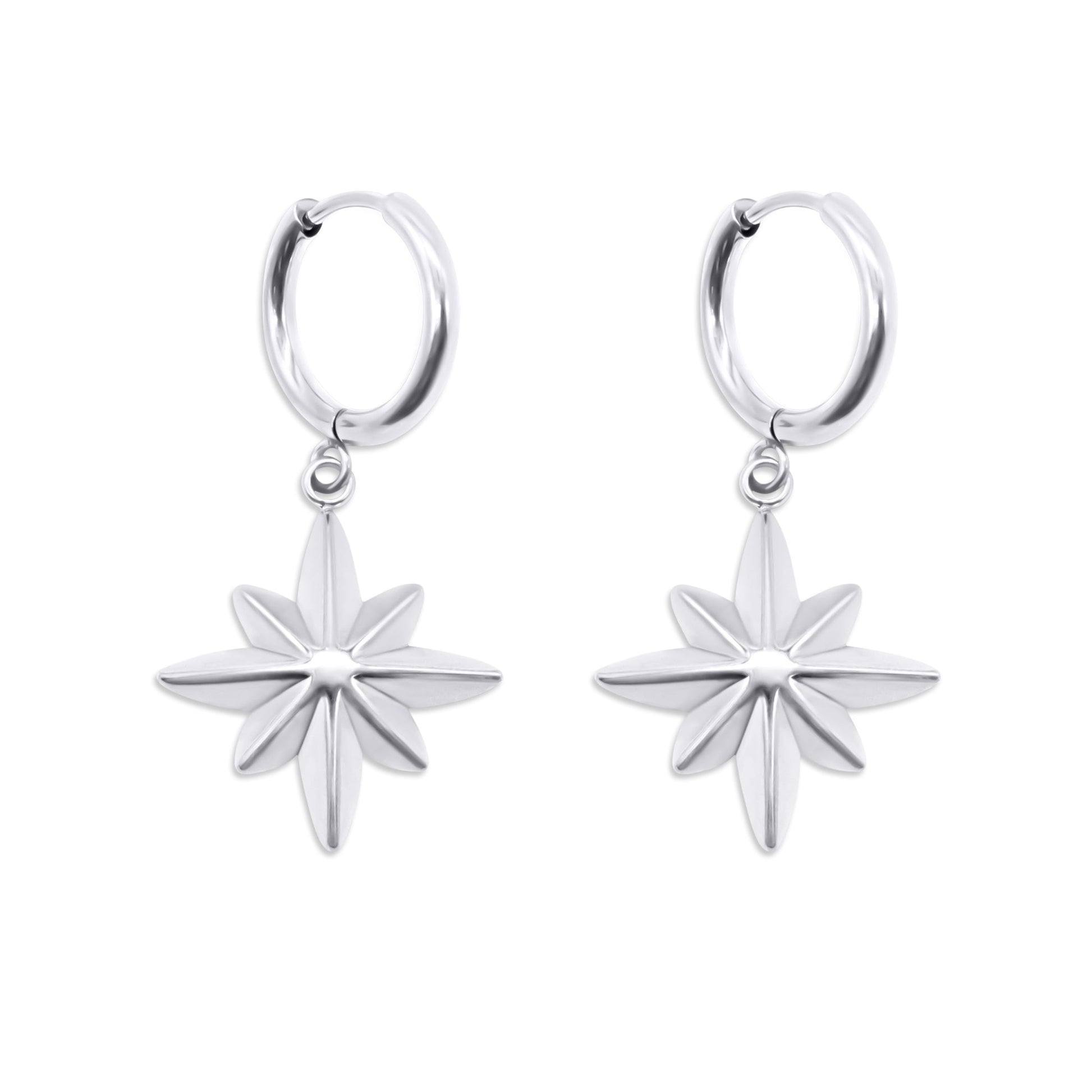 Stainless steel hoop earrings with star-shaped charms on a white background