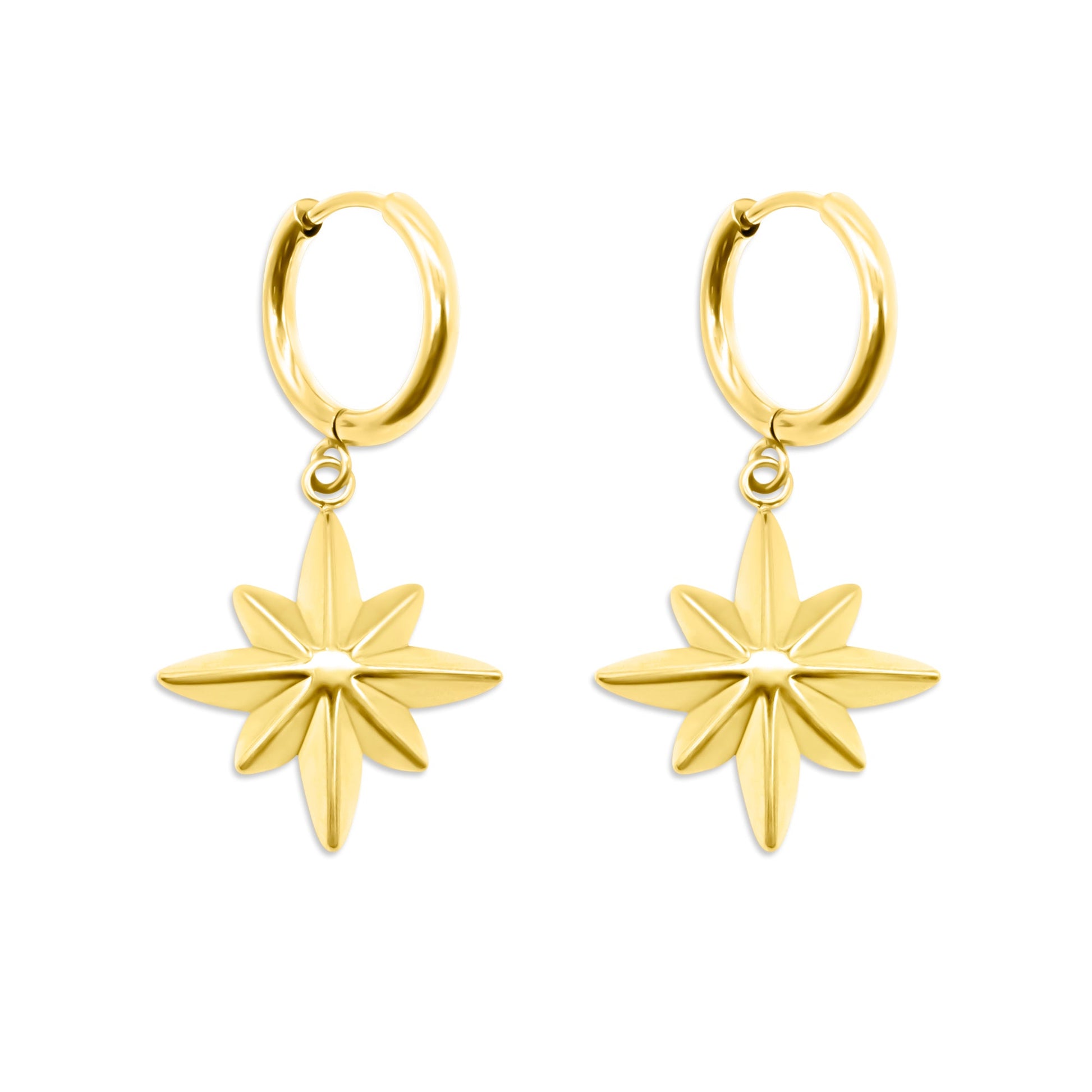 Gold hoop earrings with star-shaped pendants on a white background