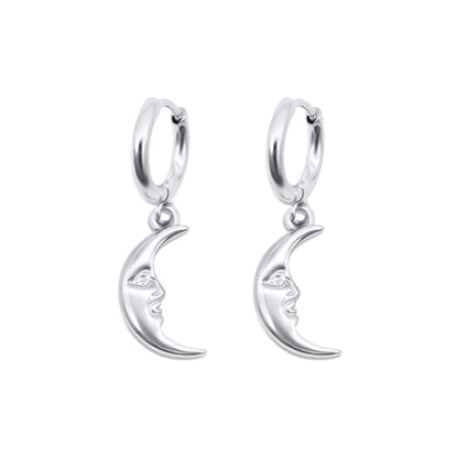 Stainless steel hoop earrings with crescent moon designs on a white background