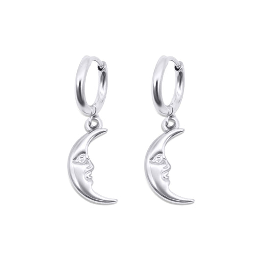 Stainless steel hoop earrings with crescent moon designs on a white background