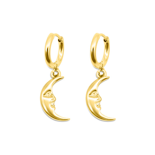 Gold hoop earrings with crescent moon designs on a white background