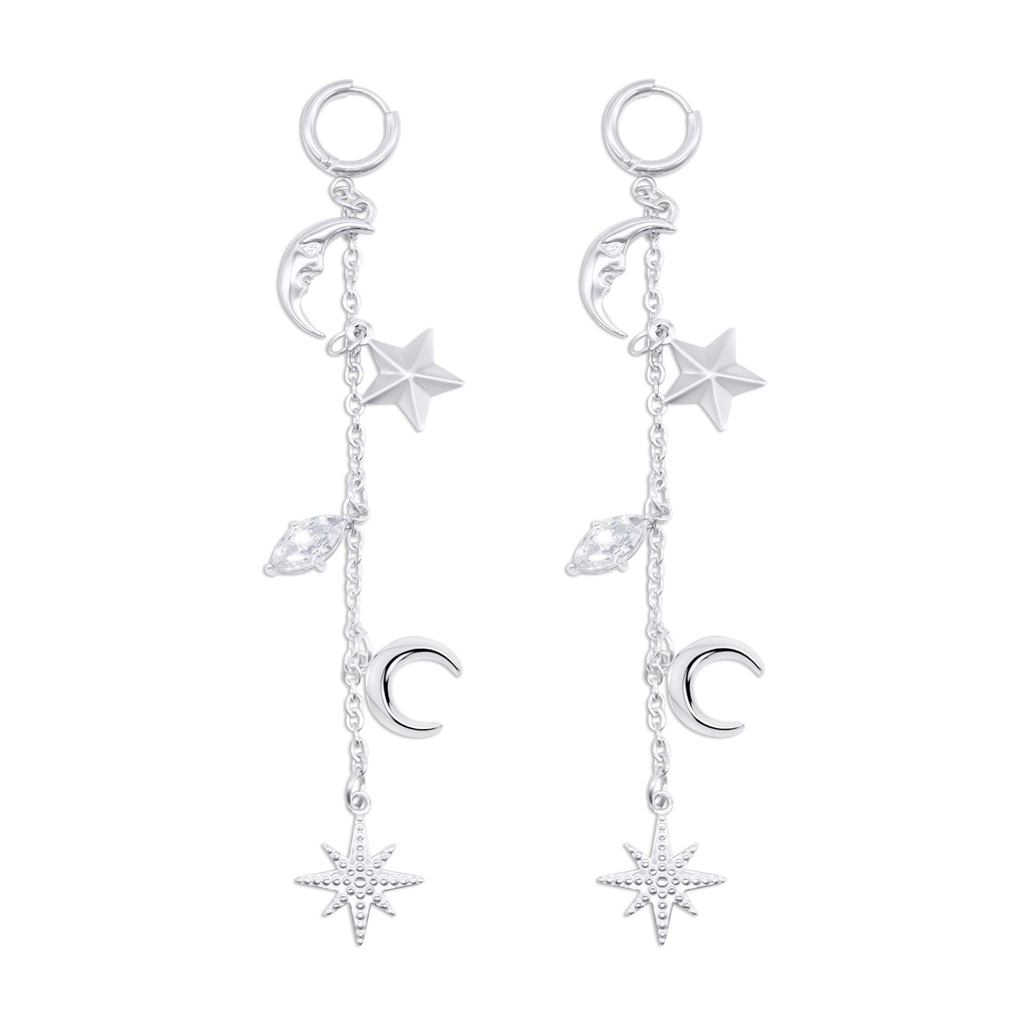 Stainless steel earrings with star and moon charms on a white background