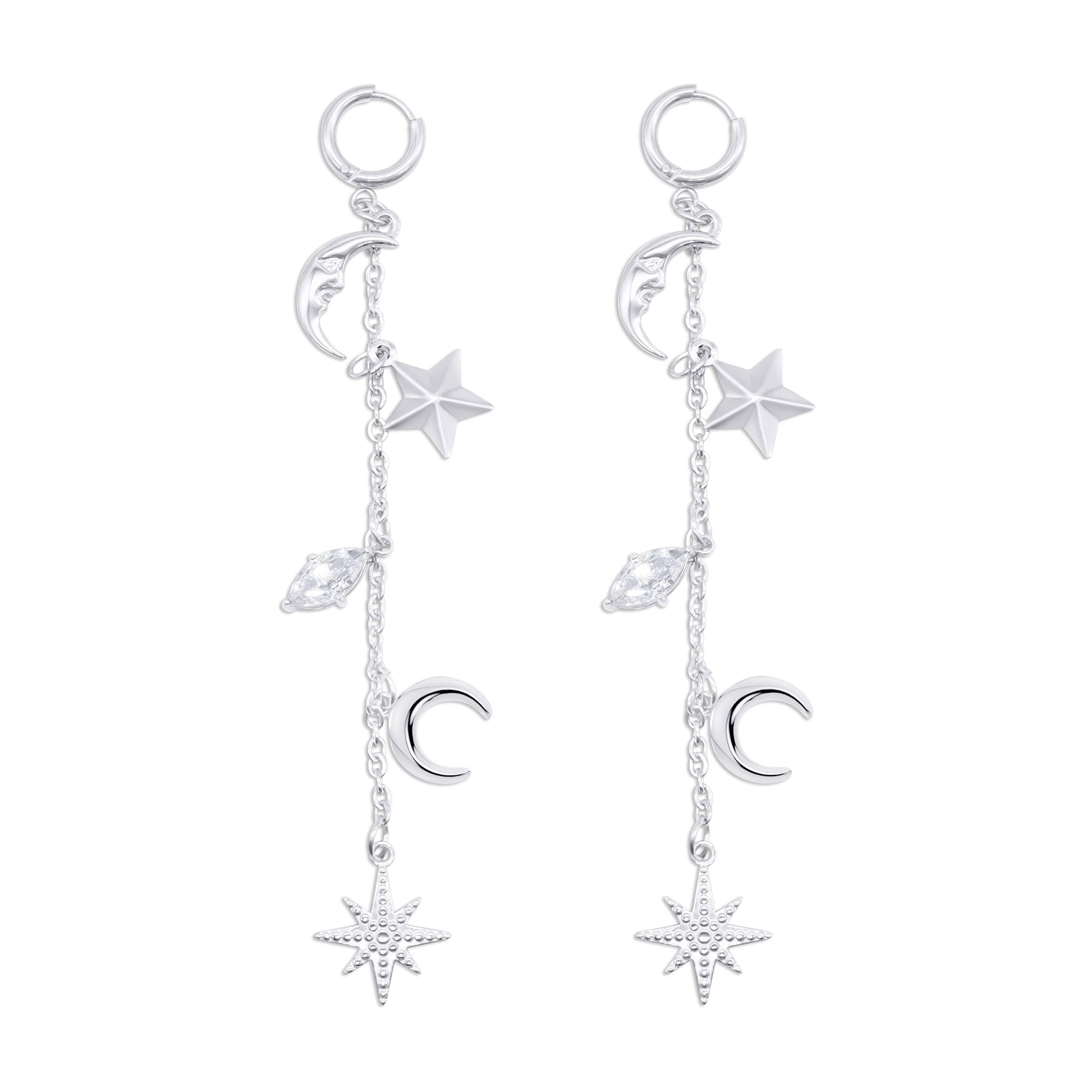 Stainless steel earrings with star and moon charms on a white background