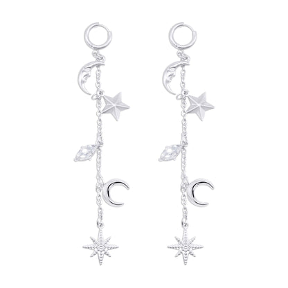 Stainless steel earrings with star and moon charms on a white background